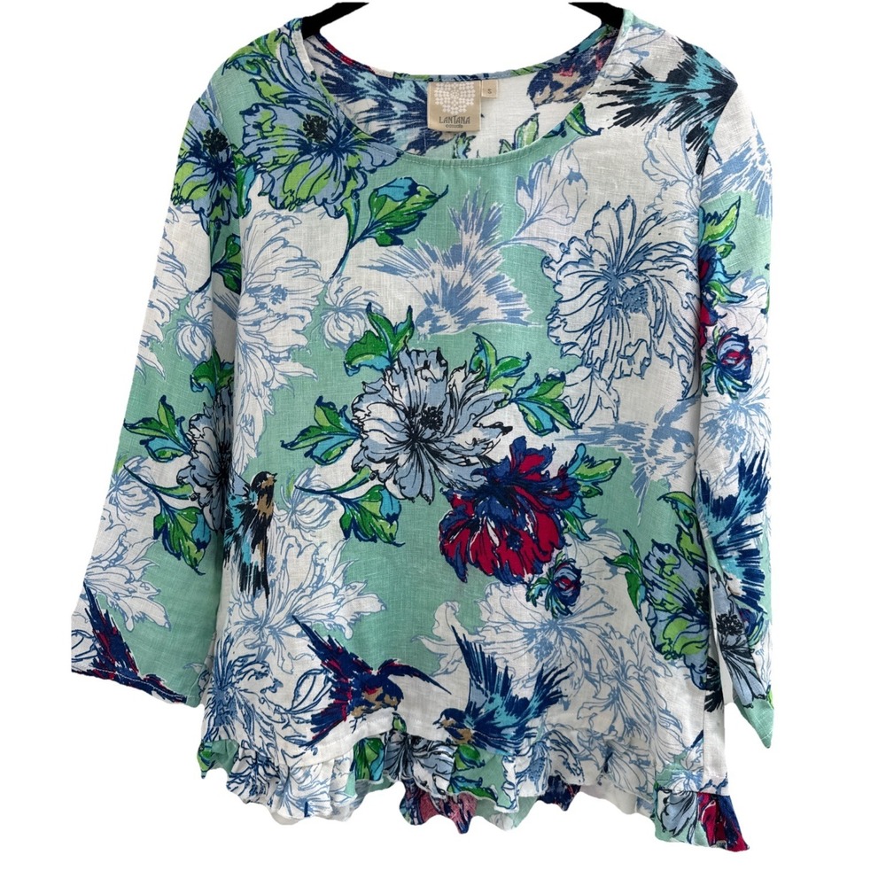 Lantana Casuals 100% Linen Floral Bird Print Top Ruffle 3/4 Sleeve Cottagecore S